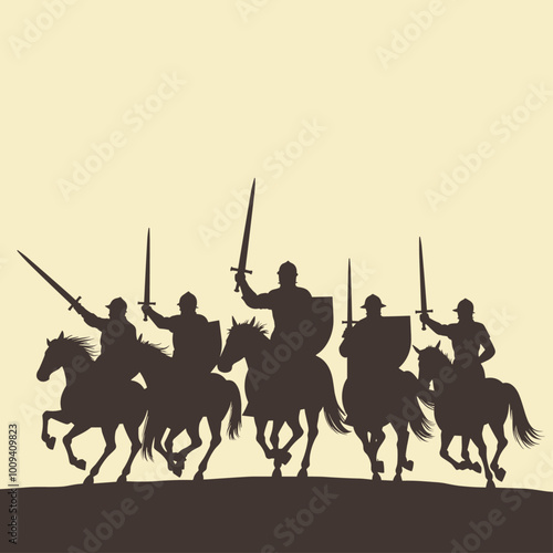 Silhouetted medieval knights ride on horseback with swords drawn, creating a dramatic scene against a light background.