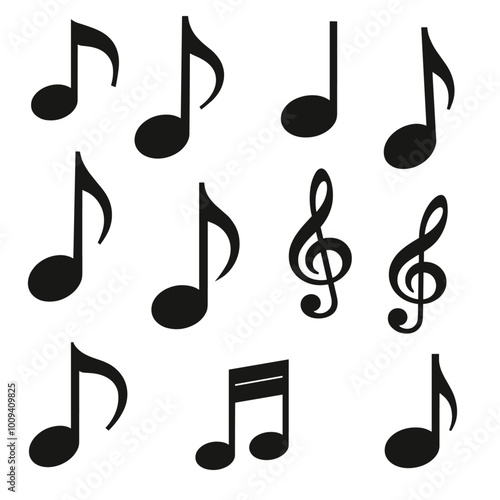 A collection of black musical notes and symbols on a white background, showcasing various types of notations used in music composition.