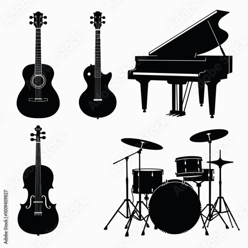 Silhouettes of musical instruments including a guitar, electric guitar, grand piano, violin, and drum set.