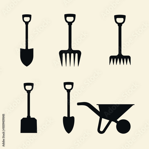 A black silhouette set of gardening tools, including shovels, rake, fork, and wheelbarrow on a light background.