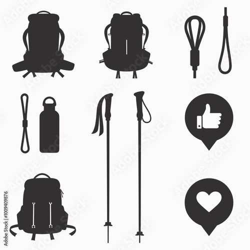 Silhouettes of hiking gear, including backpacks, water bottle, and trekking poles, arranged with symbols of thumbs up and heart on a white background.