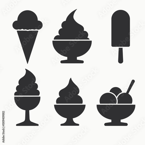 A collection of black silhouettes of various ice cream desserts, including cones, cups, and popsicles, arranged against a light background.