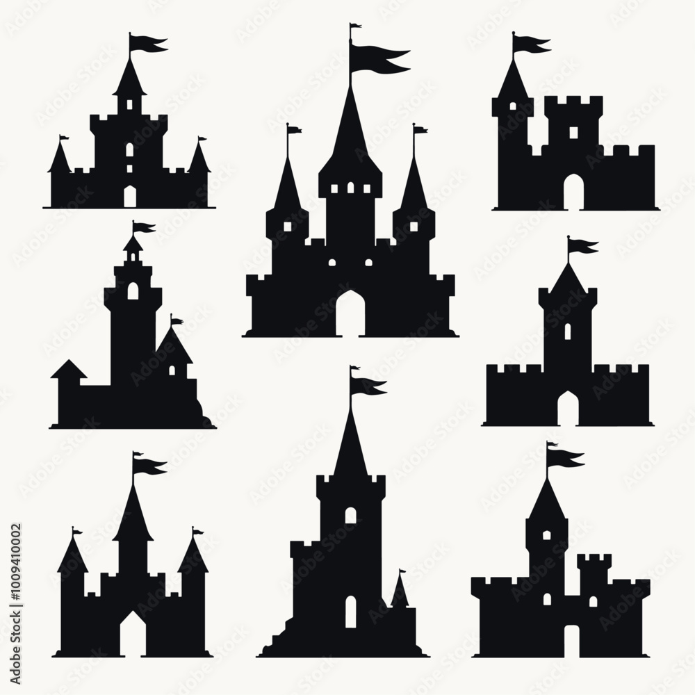 Obraz premium Silhouettes of various castles with towers and flags against a plain background, showcasing classic medieval architecture.