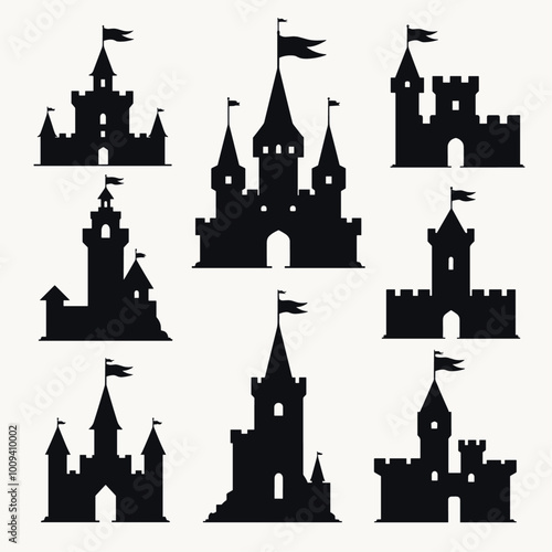 Silhouettes of various castles with towers and flags against a plain background, showcasing classic medieval architecture.