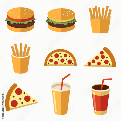 Illustration of fast food icons including burgers, fries, pizza, and drinks in a colorful, flat design style.