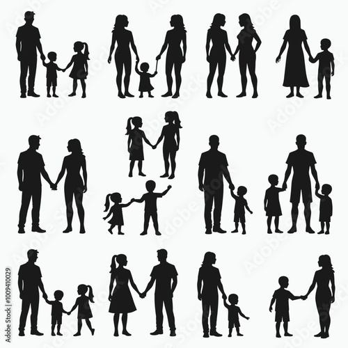 Silhouetted families holding hands, showcasing diverse family bonds, set against a white backdrop.