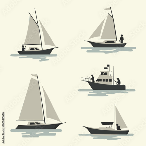 Silhouette illustrations of various sailing and motor boats with figures in monochrome design.