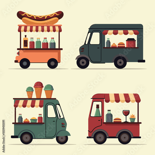 Illustration of four diverse food trucks serving hot dogs, pizza, ice cream, and drinks, showcasing vibrant colors and charming designs.