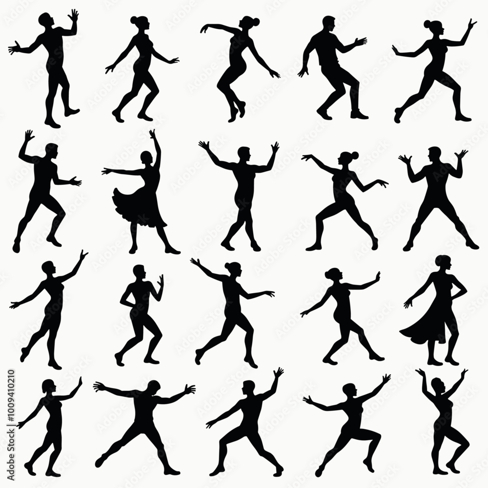 Silhouettes of diverse dancers in various dynamic poses create a lively and energetic scene against a plain background. Silhouettes of diverse dancers in various dynamic poses create a lively and energetic scene against a plain background.