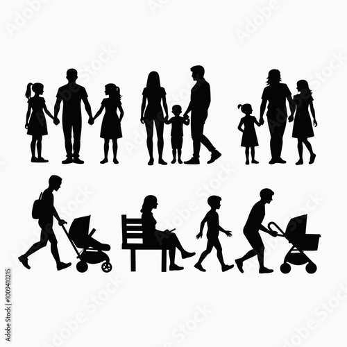 Silhouette figures depicting diverse family groups in various familial scenarios, showcasing the bonds of parenthood and childhood in different stages of life.