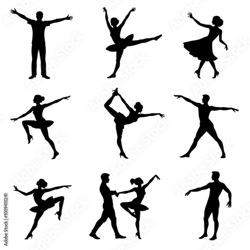 Silhouettes of male and female ballet dancers gracefully posing in various classic and contemporary dance positions on a white background.