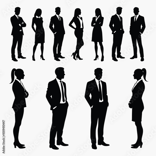 Silhouettes of diverse professionals in formal attire depict a cohesive team environment against a clean, white background.