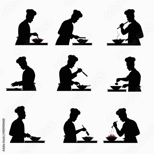 Silhouettes of a chef performing various cooking tasks, showcasing culinary skills and artistry in a professional kitchen setting.