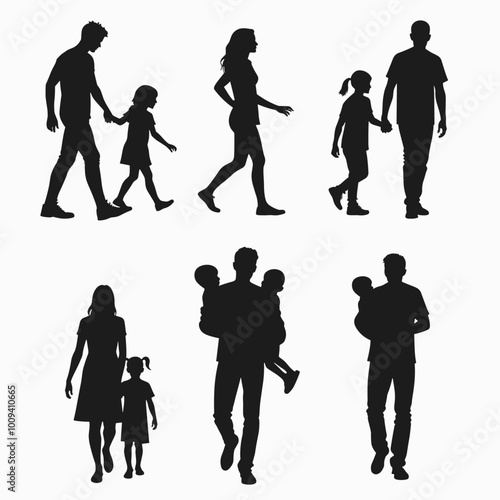 Silhouettes of families walking, capturing various parent and child interactions in black and white.