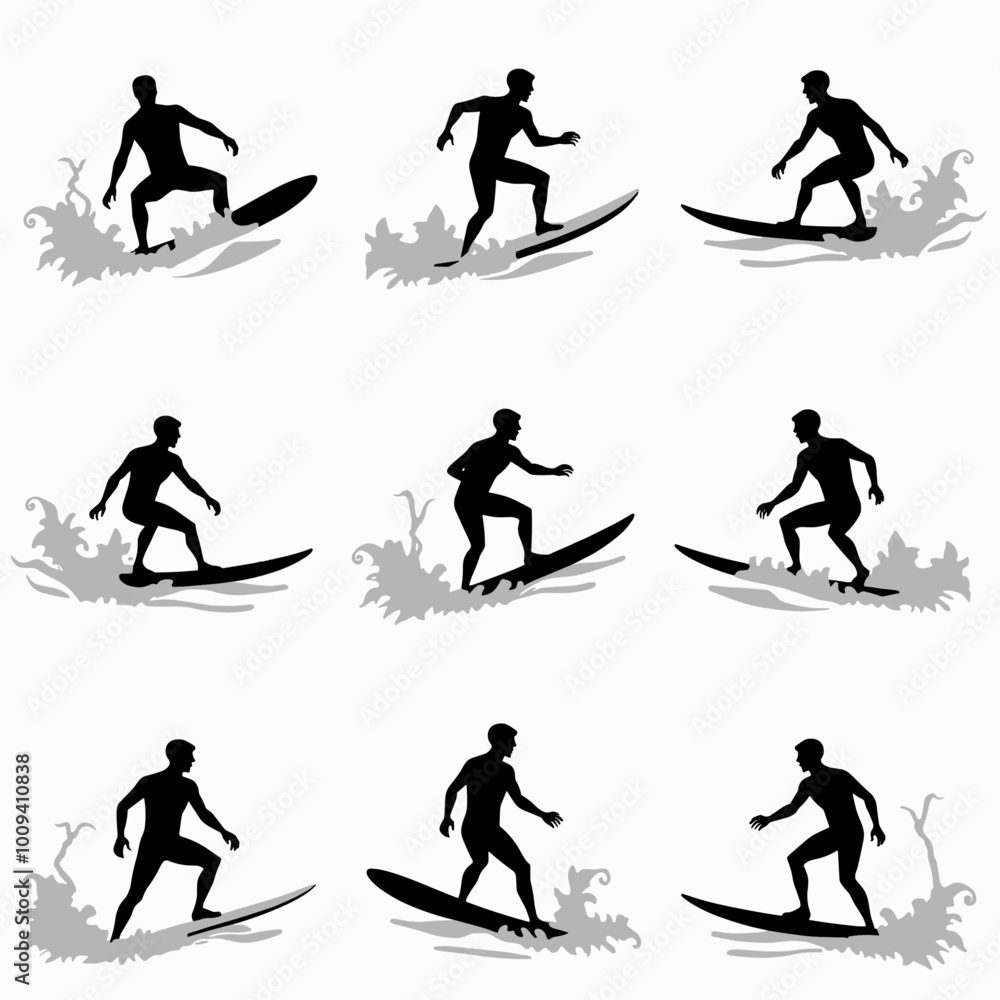 Obraz premium Silhouettes of surfers showcasing dynamic movements on surfboards amidst crashing waves in varied stances, capturing the essence of surfing in a minimalist style.