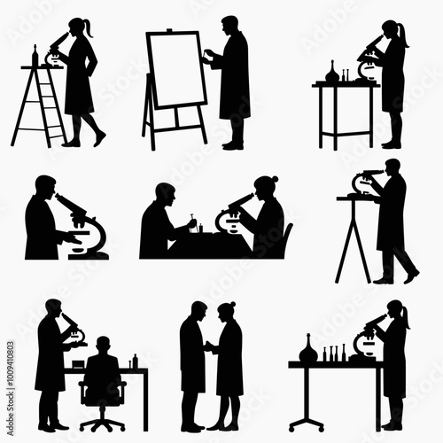 Silhouettes of scientists engaged in various laboratory activities, showcasing diverse scientific research methods and a collaborative environment.