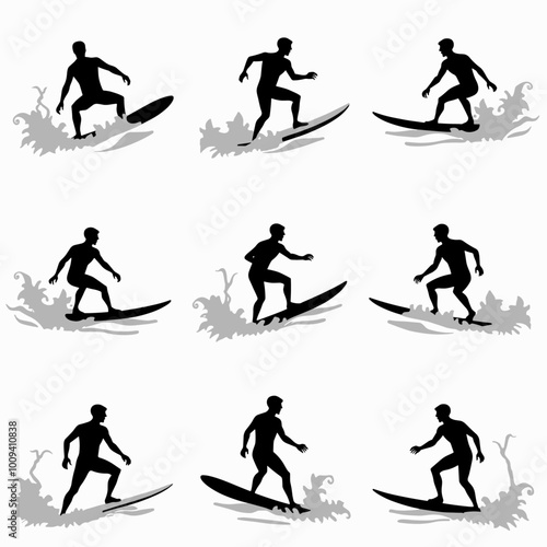 Silhouettes of surfers showcasing dynamic movements on surfboards amidst crashing waves in varied stances, capturing the essence of surfing in a minimalist style.