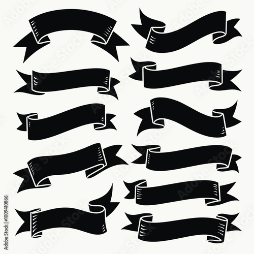 A collection of twelve black ribbon banners of various shapes, each elegantly curled, set against a white background, ideal for graphic design use.