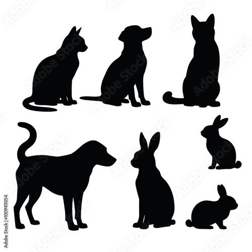 Silhouettes of various animals, including cats, dogs, and rabbits, form an intriguing composition against a plain background.