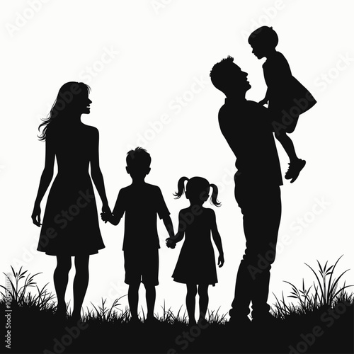 Silhouette of a happy family: parents with two children enjoying quality time together outdoors in a serene setting.