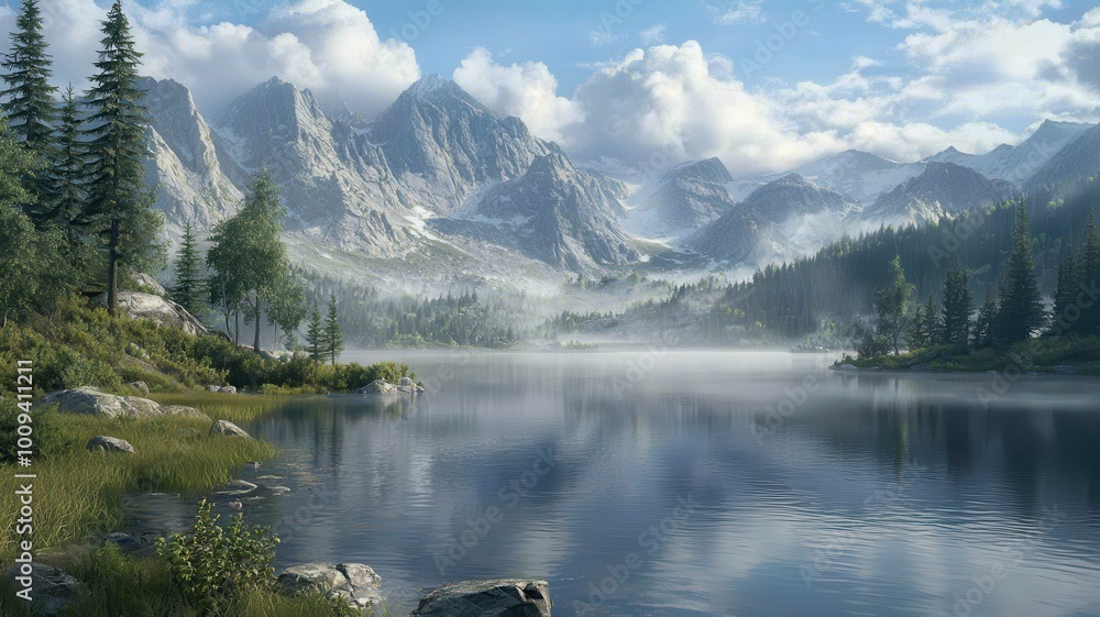 A beautiful mountain lake with a cloudy sky in the background A beautiful mountain lake with a cloudy sky in the background