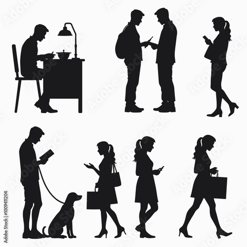 Silhouettes of diverse individuals in various everyday activities, including working, conversing, and shopping, depicting modern urban lifestyles.