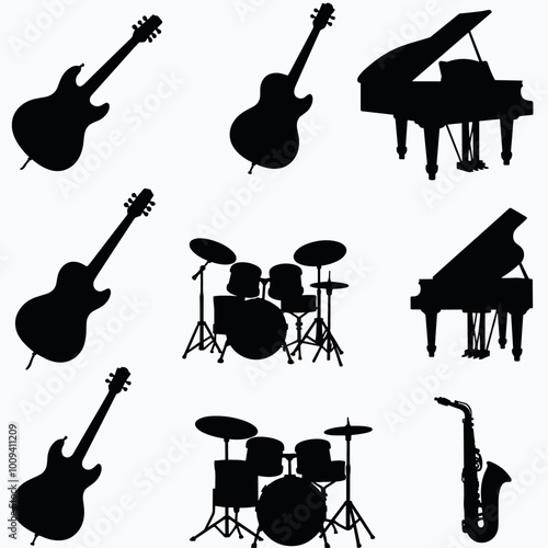 Silhouettes of various musical instruments including guitars, pianos, drums, and a saxophone.