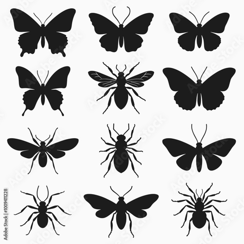 Silhouettes of various insects and butterflies arranged in a grid pattern on a white background.