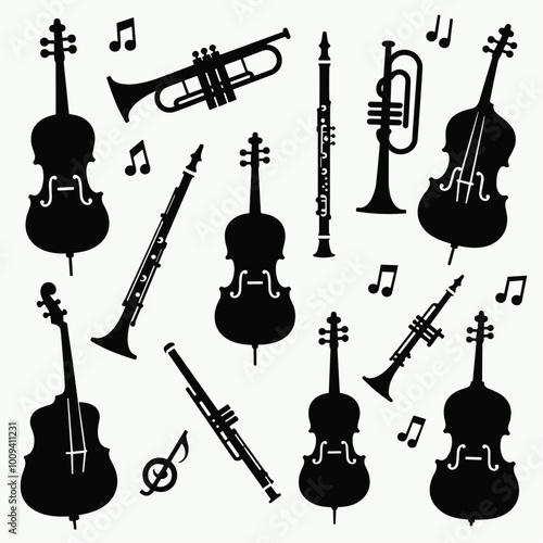Silhouettes of orchestral instruments and musical notes creating a harmonious visual symphony.