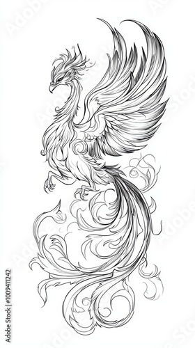 Simple line drawing of a phoenix with flames, white background, tattoo design 