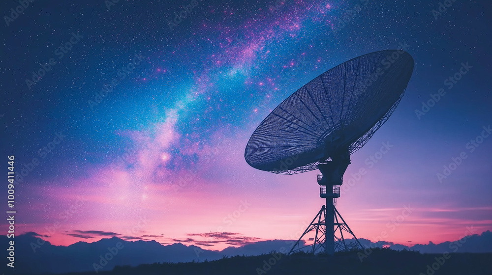 A satellite dish pointed toward the sky with a digital signal overlay.