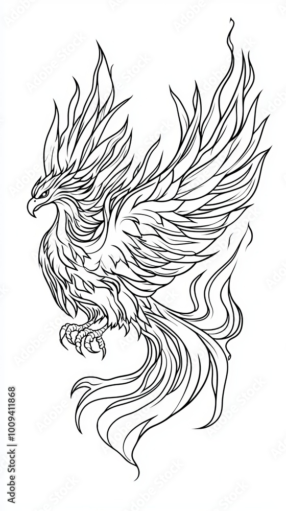Fototapeta premium Simple line drawing of a phoenix with flames, white background, tattoo design 