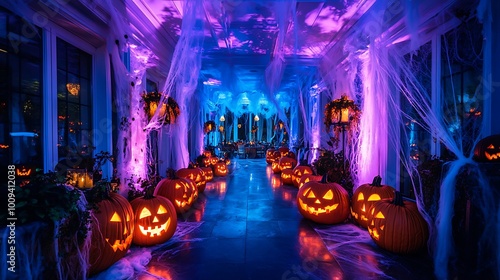 A spooky Halloween party setup with carved pumpkins glowing with candlelight, cobwebs hanging from the ceiling, and eerie lighting casting shadows across the room