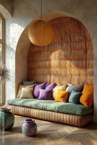 interior design photography, a living room with an arched rattan headboard wall behind the sofa and colorful pillows and throw blankets on it, the floor is made of light oak parquet