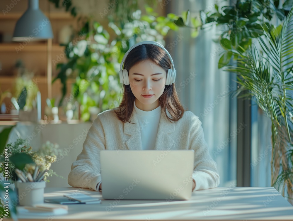 A business leader wearing headphones, focused on a video conference call in a bright, plant-filled office. A business leader wearing headphones, focused on a video conference call in a bright, plant-filled office.