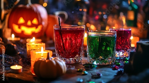 A Halloween cocktail party scene with glasses of themed drinks like blood-red punch and green potions, set on a table decorated with small pumpkins and candles