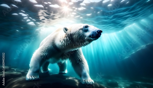 Endangered polar bear swims beneath melting glaciers, a stark reminder of climate changes impact on wildlife and the urgent need for environmental protection. photo