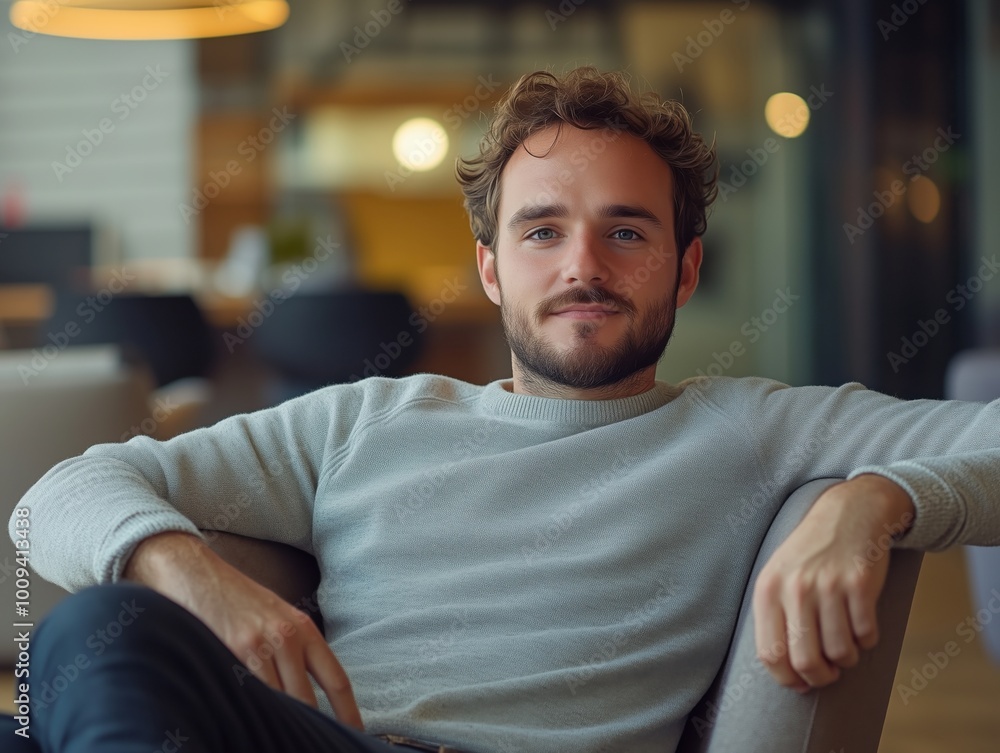 A young man with a beard relaxing in a modern office setting. A young man with a beard relaxing in a modern office setting.