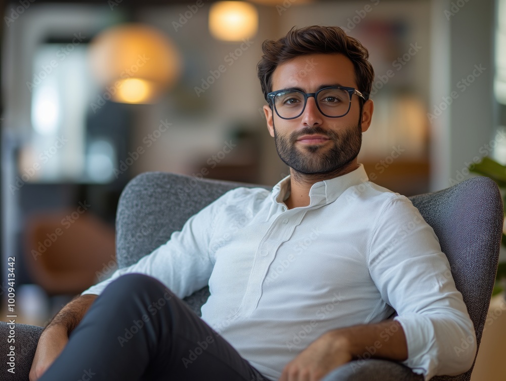 Naklejka premium A young man with glasses sitting comfortably in a modern office chair, taking a break from work.