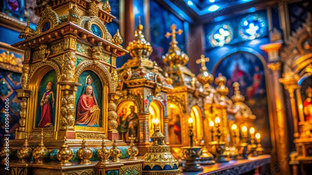 Fototapeta premium Ornate ostensorium displaying religious artifacts illuminated by soft light in a serene setting