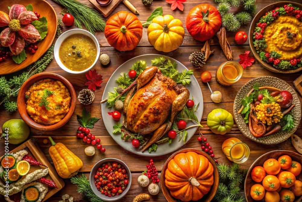 Overhead View of a Festive Thanksgiving Dinner Table Set with Traditional Dishes and Decorations Overhead View of a Festive Thanksgiving Dinner Table Set with Traditional Dishes and Decorations
