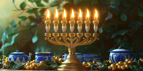 A festive Hanukkah menorah flickering with eight candles, surrounded by golden menorah garlands and blue and white pottery. photo