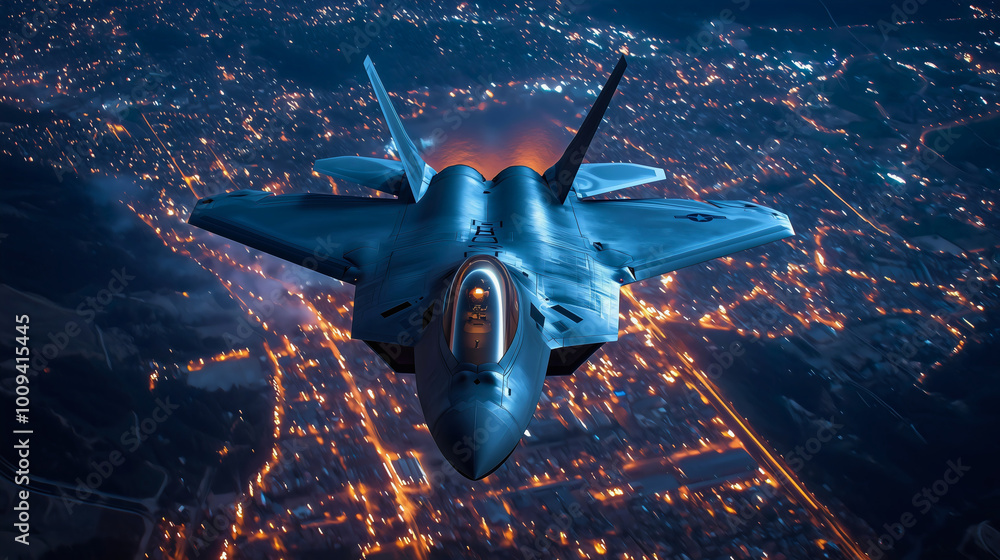 Obraz premium A stealth fighter jet flying silently over a city at night, its sleek form barely visible as it carries out a covert mission, the city lights glowing below.