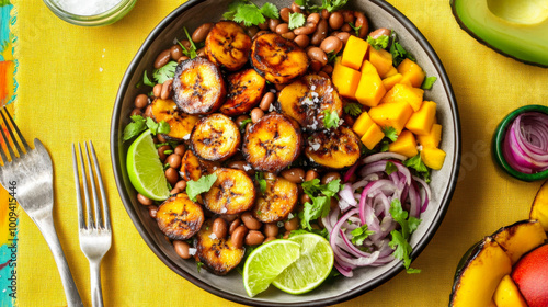 Colorful tropical salad with grilled plantains, beans, and fresh mango served on a vibrant tablecloth in a lively outdoor setting