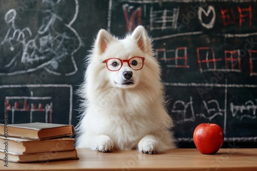 A clever and adorable white dog wearing glasses sits at a desk. It has books and an apple beside it. A chalkboard in the background adds charm. Generative AI