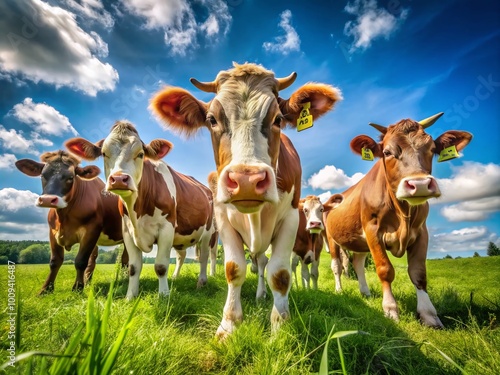 Playful and Curious Cows in a Lush Green Pasture Under a Clear Blue Sky on a Sunny Day