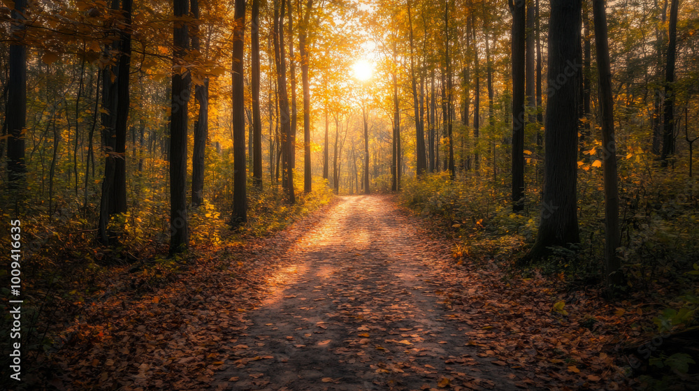 Obraz premium Sunlight filters through trees illuminating an autumn path covered in fallen leaves in a serene forest setting