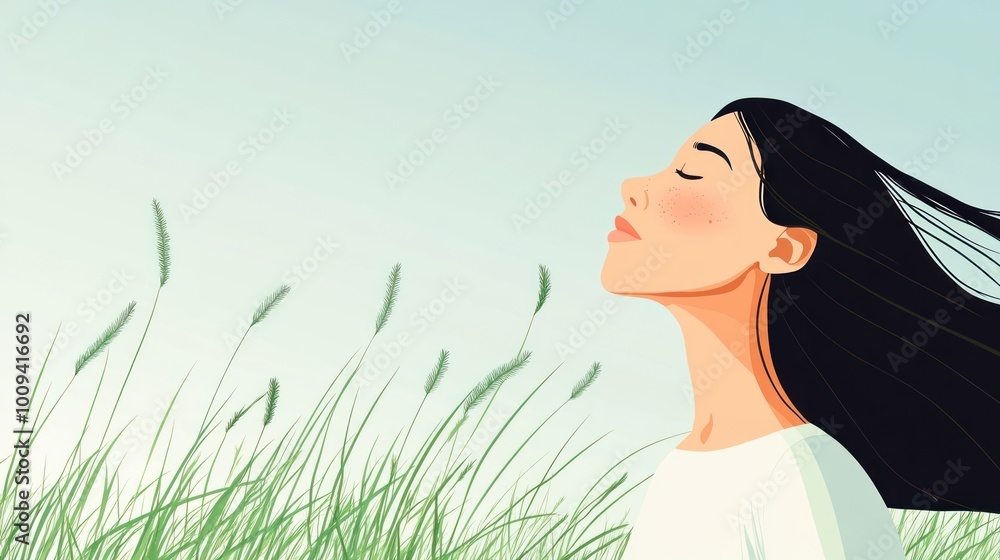 A serene woman enjoying nature with closed eyes amidst tall grass. A serene woman enjoying nature with closed eyes amidst tall grass.