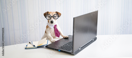 Fototapeta Naklejka Na Ścianę i Meble -  Busy dog sits at desk using laptop wearing round nerd glasses with striped pink tie looking at camera. manager, freelancer or programmer coding. Horizontal composition. Light background