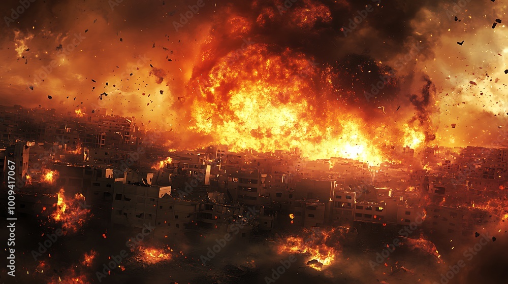 A City Under Siege: Devastation and Destruction Amidst Flaming Rubble A City Under Siege: Devastation and Destruction Amidst Flaming Rubble